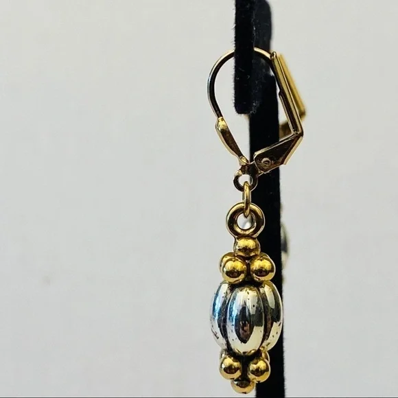 Earring dangle silver and gold cabochon and dragées. With lever back hooks - Picture 6 of 7